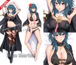  1girl alluring alternate_costume arms_up ass_visible_through_thighs bare_legs bare_midriff barefoot bed big_breasts bikini blue_eyes breasts byleth_(fire_emblem) byleth_(fire_emblem)_(female) capelet cleavage dakimakura dakimakura_design female_only fire_emblem fire_emblem:_three_houses fire_emblem_heroes flower hair_flower knife leggings legs looking_at_viewer medium_hair midriff moe_market nintendo official_alternate_costume on_back on_bed open_mouth pantyhose shorts sideboob smile swimsuit sword sword_of_the_creator teal_hair torn_clothes undressing weapon 