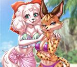  2_girls alluring anthro beach bedroom_eyes bird_dog blue_eyes bottomwear bow_ribbon breasts canid canine canis clothing domestic_dog duo ear_piercing earring fay_spaniel felid feline female/female green_eyes hunting_dog lynx mammal michiyoshi midriff miyu_lynx narrowed_eyes nintendo piercing ring_piercing seaside seductive skirt spaniel spots star_fox swimwear tail video_games 