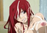  1girl after_sex aftersex angry brown_eyes bukkake clenched_teeth cum erect_nipples erza_scarlet fairy_tail hair_over_one_eye kyabakurabakufu long_hair nipples nude red_hair solo tattoo teeth 