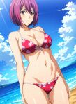  1girl alluring arato_hisako beach big_breasts bikini breasts brown_eyes cleavage female_only high_res joker_(artist) legs looking_at_viewer pale-skinned_female purple_hair shokugeki_no_souma short_hair sweat thighs voluptuous water wet 