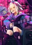  1girl bent_knees closed_eyes electric_guitar female guitar hair homika instrument koffing pokemon sitting smile solo speaker white_hair 