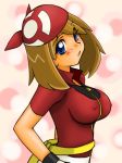 bandanna blue_eyes blush breasts brown_hair erect_nipples hair large_breasts long_hair may_(pokemon) pokemon pokemon_(anime) pokemon_(game) pokemon_rse red_clothes red_shirt shirt solo t-shirt tsumitani_daisuke