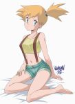 1girl alluring bare_legs bare_shoulders barefoot bed_sheet blue_eyes blush clavicle clothing crop_top danmakuman feet grey_background high_resolution kasumi_(pokemon) legs looking_at_viewer midriff misty misty_(pokemon) navel orange_hair parted_lips pokemon pokemon_(anime) pokemon_rgby shiny shiny_skin short_sidetail shorts simple_background sitting sleeveless suspenders toes