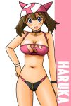 1_girl 1girl alternate_costume art bandanna bikini blue_eyes blush breasts brown_hair creatures_(company) female game_freak haruka_(pokemon) humans_of_pokemon may_(pokemon) midriff navel nintendo open_mouth pokemon pokemon_(anime) pokemon_(game) pokemon_diamond_pearl_&_platinum pokemon_dppt pokemon_rse short_hair smile solo standing swimsuit tsumitani_daisuke