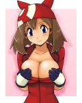  1_girl 1girl bandana bandanna blue_eyes blush breasts brown_hair cleavage female gloves haruka_(pokemon) large_breasts may nintendo odamaki_sapphire open_clothes pokemon pokemon_special smile solo tsumitani_daisuke 