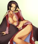 1girl areolae black_eyes black_hair blush boa_hancock breasts cape cleavage earrings erect_nipples highres hips jewelry large_breasts long_hair lying midriff momo_765 navel on_side one_piece open_clothes open_shirt rirakukan shirt smile solo