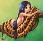 1girl black_hair blue_hair boa_hancock dark_brown_eyes green_eyes huge_breasts janome_gochou kuja_pirates lamia long_hair lying monster_girl nude one_piece pale-skinned_female scales slender slender_waist solo tall_female