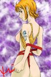 artist_name big_breasts brown_eyes hentaikey huge_breasts looking_back nami nami_(one_piece) one_piece orange_eyes orange_hair red_string shibari straw_hat_pirates tattoo