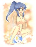 1_girl 1girl art artist_request babe bare_legs barefoot big_breasts blush breasts dawn feet female hair_ornament hand_on_knee happy hikari_(pokemon) holding large_breasts legs long_hair looking_at_viewer neck nintendo nipples open_mouth panties pink_panties piplup pokemon pokemon_(anime) pokemon_(game) pokemon_dppt ponytail sitting sitting_on_person smile star topless towel