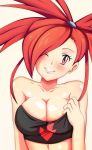 1_girl 1girl alluring asuna_(pokemon) babe bare_shoulders big_breasts black_shirt blush bow breasts bursting_breasts cleavage collarbone crop_top deviantart ears female flannery grin gym_leader hair_bow hair_ornament hair_ornaments hair_over_one_eye happy huge_breasts large_breasts lips long_hair looking_at_viewer midriff neck nintendo no_bra one_eye_closed pokemon pokemon_(game) pokemon_rse ponytail red_eyes red_hair redhead shiny shiny_skin shirt smile solo strapless teeth tubetop vivivoovoo wink