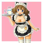 1_girl 1girl alternate_breast_size alternate_costume alternate_headwear arm arms art big_breasts blue_eyes blush bottle breasts brown_hair cleavage drink erect_nipples glass happy haruka_(pokemon) hat large_breasts legs looking_at_viewer may milk nintendo odamaki_sapphire open_mouth pokemon pokemon_(anime) pokemon_(game) pokemon_rse short_hair smile solo standing thighhighs tray tsumitani_daisuke waitress white_border white_legwear white_thighhighs