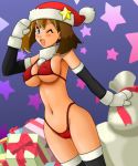 1girl alternate_headwear bandanna bikini blue_eyes breasts brown_hair christmas cleavage creatures_(company) detached_sleeves erect_nipples game_freak gift gloves haruka_(pokemon) hat humans_of_pokemon large_breasts may_(pokemon) mittens nintendo one_eye_closed pokemon pokemon_(anime) pokemon_diamond_pearl_&_platinum pokemon_dppt santa_hat short_hair solo stocking_cap swimsuit thighhighs tsumitani_daisuke underboob wink