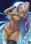  1girl aa_megami-sama arm_up ass bangle bracelet breasts cameltoe covered_erect_nipples dark-skinned_female dark_skin earrings high_res jewelry long_hair looking_at_viewer nail_polish navel oh_my_goddess! purple_eyes purple_nails silver_hair stockings stomach teng_zhai_zi under_boob urd 