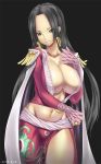 black_hair boa_hancock breasts cleavage compression_artifacts dark_brown_eyes earrings highres huge_breasts jewelry jpeg_artifacts kuja_pirates midriff one_piece pale-skinned_female resized slender slender_waist tall_female