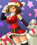  1girl alternate_breast_size alternate_headwear belt blue_eyes breasts brown_hair cameltoe christmas erect_nipples gift haruka_(pokemon) hat large_breasts nipples open_mouth panties pokemon santa_costume santa_hat skin_tight smile solo stocking_cap thighhighs tsumitani_daisuke underwear 