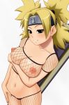  1girl blonde_hair blush breast_hold breasts cleavage clitoris_slip erect_nipples fan fishnet_top fishnets forehead_protector green_eyes grin headband midriff naruto naughty_face navel nipples puffy_nipples pussy pussy_peek quad_tails simple_background smile solo standing sunagakure_symbol temari tomatto_(@ma!) uncensored weapon 