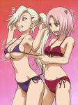 2_girls 2girls anger_vein awa bare_shoulders big_breasts bikini blonde_hair blue_eyes breast_envy breasts cleavage clenched_teeth earrings female_only front-tie_top green_eyes hair_over_one_eye ino_yamanaka jewelry long_hair midriff multiple_girls naruto navel pink_hair ponytail purple_bikini red_bikini sakura_haruno short_hair side-tie_bikini skindentation string_bikini swimsuit teeth translated underboob