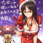  1girl big_breasts black_hair breasts chopper christmas cleavage furry grey_eyes hat hourglass_figure lowres mosha nico_robin one_piece pink_hat reindeer reindeer_antlers santa_costume straw_hat_pirates tony_tony_chopper top_hat 