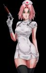 1girl artist_request black_background cross female_only gloves green_eyes hat latex latex_gloves naruto nurse nurse_outfit photoshop pink_hair sakura_haruno short_hair simple_background solo solo_female syringe zettai_ryouiki