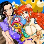 1boy 2girls bangle bikini bikini_top black_hair bra bracelet breast_press breasts chopper earrings huge_breasts jewelry lingerie log_pose long_hair looking_at_viewer lowres multiple_girls nail_polish nami nico_robin one_eye_closed one_piece orange_hair sabaody_archipelago sideboob swimsuit tattoo thousand_sunny tony_tony_chopper underwear wink