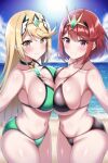 2girls alluring bangs beach big_breasts bikini blonde_hair breast_to_breast breasts breasts_together gold_eyes hips light-skinned_female light_skin long_hair mythra nightcore_(artist) nintendo outside pyra red_eyes red_hair short_hair smile swept_bangs symmetrical_docking thick_thighs thighs wide_hips xenoblade_(series) xenoblade_chronicles_2