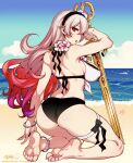  1girl alluring alternate_costume anklet ass back_view barefoot beach big_breasts bikini black_bikini_bottom bracelet bracelets corrin_(fire_emblem) corrin_(fire_emblem)_(female) dat_ass dragon_girl edit edited feet female_only fire_emblem fire_emblem_fates fire_emblem_heroes fishine flower flowers headband long_hair looking_back manakete multicolored_hair nintendo ocean on_knees pointy_ears red_eyes red_lips red_lipstick sand slit_pupils swimsuit sword third-party_edit toes vermadis2x water wavy_hair weapon white_bikini white_swimsuit yato_(fire_emblem) 