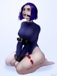 1girl ass bare_legs barefoot bondage breasts captured dc_comics demon_girl dental_gag forced gagged goth goth_girl helpless horny-oni kidnapped leotard nipples purple_eyes purple_hair raven_(dc) restrained short_hair sitting straps teen_titans thighs tight_clothing toes