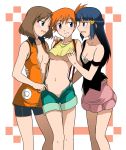 3_girls 3girls alternate_costume bare_shoulders bike_shorts blue_hair breast_grab breasts brown_hair dawn_(pokemon) female friends groping hand_under_clothes high_res highres kakkii latex may_(pokemon) misty_(pokemon) multiple_girls navel nintendo orange_hair pokemon pokemon_(anime) shorts skirt suspenders threesome underboob undressing wink yuri