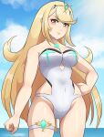 1girl 1girl alluring big_breasts blonde_hair cameltoe cleavage hand_on_own_hip high_res lips long_hair mythra mythra_(radiant_beach)_(xenoblade) one-piece_bikini swimsuit tiara xenoblade_(series) xenoblade_chronicles_2 yaizaberry