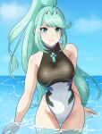  1girl alluring big_breasts bikini green_eyes green_hair high_res long_hair navel one-piece_bikini partially_submerged pneuma_(xenoblade) ponytail skin_tight smile swimsuit thighs water xenoblade_(series) xenoblade_chronicles_2 yaizaberry 