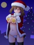 black_legwear blue_eyes blush breasts brown_hair christmas christmas_tree cleavage erect_nipples full_moon gloves haruka_(pokemon) hat huge_breasts large_breasts moon navel panties pasties pokemon santa_costume santa_hat solo source_request star_pasties striped striped_panties thighhighs thong tsumitani_daisuke underwear undressing wink