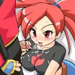 1boy 1girl asuna_(pokemon) blush breasts clothed cum cum_in_mouth cum_on_clothes dark_penis erect_nipples facial gym_leader handjob impossible_clothes impossible_clothing impossible_shirt konpeto lala-kun lowres midriff nintendo oekaki penis pokemon pokemon_(game) pokemon_rse red_eyes red_hair ruby_(pokemon) shirt uncensored yuuki_(pokemon)