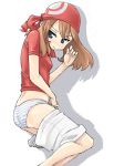  1girl artist_request bandanna blue_eyes blue_panties blue_striped_panties brown_hair creatures_(company) female_only game_freak haruka_(pokemon) humans_of_pokemon may_(pokemon) nintendo odamaki_sapphire panties pants_pull pokemon pokemon_(anime) pokemon_(game) pokemon_diamond_pearl_&amp;_platinum pokemon_dppt pokemon_rse shadow short_hair simple_background solo_female striped striped_panties underwear white_background 