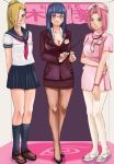  3girls bespectacled black_hair blonde_hair blue_eyes breasts business_suit cleavage cross footwear formal glasses green_eyes hair_over_one_eye hat high_heels hinata_hyuuga ichihisa ino_yamanaka legs long_hair miniskirt multiple_girls naruto naruto_shippuden nurse office_lady pantyhose pencil_skirt pink_hair pointer ponytail sakura_haruno school_uniform serafuku shoes short_hair skirt skirt_suit socks stethoscope suit teacher uniform white_legwear 