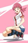 1girl akane_(pokemon) bad_id biwa_(kt) footwear gonoike_biwa gym_leader happy legs nintendo pokemon pokemon_(game) pokemon_hgss red_hair redhead shoes smile sneakers socks solo squat squatting striped striped_legwear striped_socks twintails