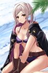 1girl alluring amber_eyes beach belt big_breasts bikini cleavage fire_emblem li_li_(artist) nintendo ocean open_coat robin_(fire_emblem) robin_(fire_emblem)_(female) silver_hair