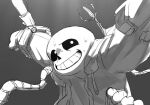 2022 2d animated_skeleton bottom_sans clothed digital_media_(artwork) gradient_background grey_background hooded_jacket hoodie imminent_rape imminent_sex jacket logo_(pixiv_id_30462562) machine monochrome monster monster_boy robotic_arm robotic_arms robotic_limbs robotic_parts sans sans_(undertale) simple_background skeleton solo_focus submissive sweat tentacle uke_sans undead undertale undertale_(series) upper_body