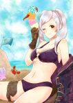 1girl alluring beach bikini breasts cleavage fire_emblem nintendo ocean open_coat robin_(fire_emblem) robin_(fire_emblem)_(female) silver_hair おとあ