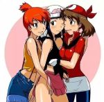 3_girls :d ;) ;d alternate_eye_color art babe bandanna bare_legs bare_shoulders beanie bike_shorts blue_eyes blue_hair blush breasts brown_eyes brown_hair camisole creatures_(company) dawn_(pokemon) denim denim_shorts eye_contact female_only friends game_freak girl_sandwich gloves green_eyes group_hug gym_leader hand_on_another's_face hand_on_face harem haruka_(pokemon) hat hikari_(pokemon) humans_of_pokemon kakkii kasumi_(pokemon) legs long_hair looking_at_another looking_back love may_(pokemon) misty_(pokemon) multiple_girls mutual_yuri naughty_face neck nintendo one_eye_closed open_mouth orange_hair pink_skirt pokemon pokemon_(anime) pokemon_(game) pokemon_black_and_white pokemon_bw pokemon_diamond_pearl_&_platinum pokemon_dppt pokemon_frlg pokemon_red_green_blue_&_yellow pokemon_rgby pokemon_rse red_bandanna red_shirt sandwiched shirt short_hair short_sleeves shorts side_ponytail skirt sleeveless smile threesome wince wink yuri