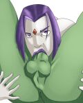 1boy 1girl angry angry_face beast_boy big_penis blowjob_face canon_couple cowgirl_position dc_comics face_fucking fellatio fellatio goth goth_girl green_skin m04n purple_eyes purple_hair purple_lipstick raven_(dc) sex taint teen_titans