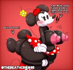 1girl ass ass_grab ass_sweat ass_up big_ass big_breasts black_skin breasts disney face_in_ass female/female female_only female_solo mickey_mouse minnie_mouse rabbit rabbit_girl rat simple_background spanish_text sweat text thedeathcrow05