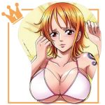  bikini bikini_top blush boobpad breast_mousepad breasts cleavage erect_nipples hair large_breasts lowres mousepad nami_(one_piece) nipples one_piece orange_hair smile straw_hat_pirates swimsuit tattoo 