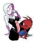 big_breasts big_penis blush gwen_stacy marvel nipple_bulge nipples_visible_through_clothing older older_female penis_out peter_porker smaller_male spider-gwen spider-man:_across_the_spider-verse young_adult young_adult_female young_adult_woman