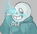  2boys 2d 2d_(artwork) animated_skeleton blue_blush blue_penis blush bodily_fluids bottom_sans clothed digital_media_(artwork) disembodied_penis dissextion eye_fucking eye_penetration fluids grey_background male_focus male_only penis penis_in_eye sans sans_(undertale) simple_background skeleton skull_fucking solid_color_background solo_focus uke_sans undead undertale undertale_(series) upper_body video_game_character video_games yaoi 