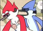  anthro avian bottomless cleavage doggy_position duo furry implied_sex living_room male/female margaret_smith_(regular_show) mordecai_(regular_show) on_couch regular_show rule34 seashell_bra sex 