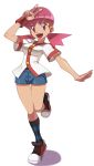  1girl akane_(pokemon) bad_id footwear gym_leader nintendo pink_hair pokemon pokemon_(game) pokemon_hgss red_eyes ryunryun shoes shorts sneakers socks solo striped striped_legwear striped_socks v 