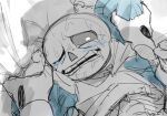 2022 2d 2d_(artwork) animated_skeleton arm_grab blue_blush blush bottom_sans clothed crying digital_media_(artwork) dominant_pov drooling gaster grabbing_arm grabbing_hand hand hand_grab hands hoodie logo_(pixiv_id_30462562) male male_pov monster monster_boy on_back pov sans sans_(undertale) sanster skeleton solo_focus submissive sweat tears uke_sans undead undertale undertale_(series) unseen_male_face upper_body video_games yaoi