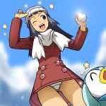  1girl arm_up art babe bare_legs beanie blue_eyes blue_hair blush closed_eyes cloud coat dawn dawn_(pokemon) female from_below hair hair_ornament happy highres hikari_(pokemon) hikari_(pokemon_platinum) holding holding_poke_ball humans_of_pokemon kakkii legs long_hair long_sleeves nintendo open_mouth panties pantyshot pantyshot_(standing) piplup poke_ball pokemon pokemon_(anime) pokemon_(game) pokemon_dppt scarf sky smile standing star underwear upskirt white_panties wink winter_clothes 