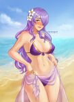  1girl 1girl 1girl alluring alternate_costume bikini breasts camilla_(fire_emblem) covered_nipples erominart female_only fire_emblem fire_emblem_fates fire_emblem_heroes hair_flower hair_over_one_eye long_hair looking_at_viewer mbreasts nintendo official_alternate_costume pink_eyes purple_bikini purple_hair purple_swimsuit swimsuit very_long_hair 