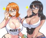 2_girls alluring big_breasts bitch blonde blue_eyes bocodamondo bracelet breasts cleavage clothed curvy dark_hair glasses looking_at_viewer midriff nami nami_(one_piece) nico_robin non-nude one_piece orange_eyes orange_hair posing sexy sleeveless slut smile standing stomach straw_hat_pirates tank_top tattoo tattooed_arm thick tongue